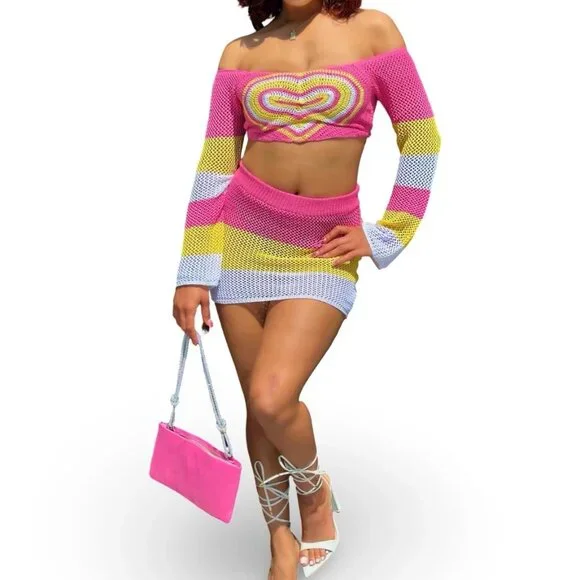 Crochet knit crop top and mini skirt matching set Festival Coachella Club size M - Picture 3 of 11